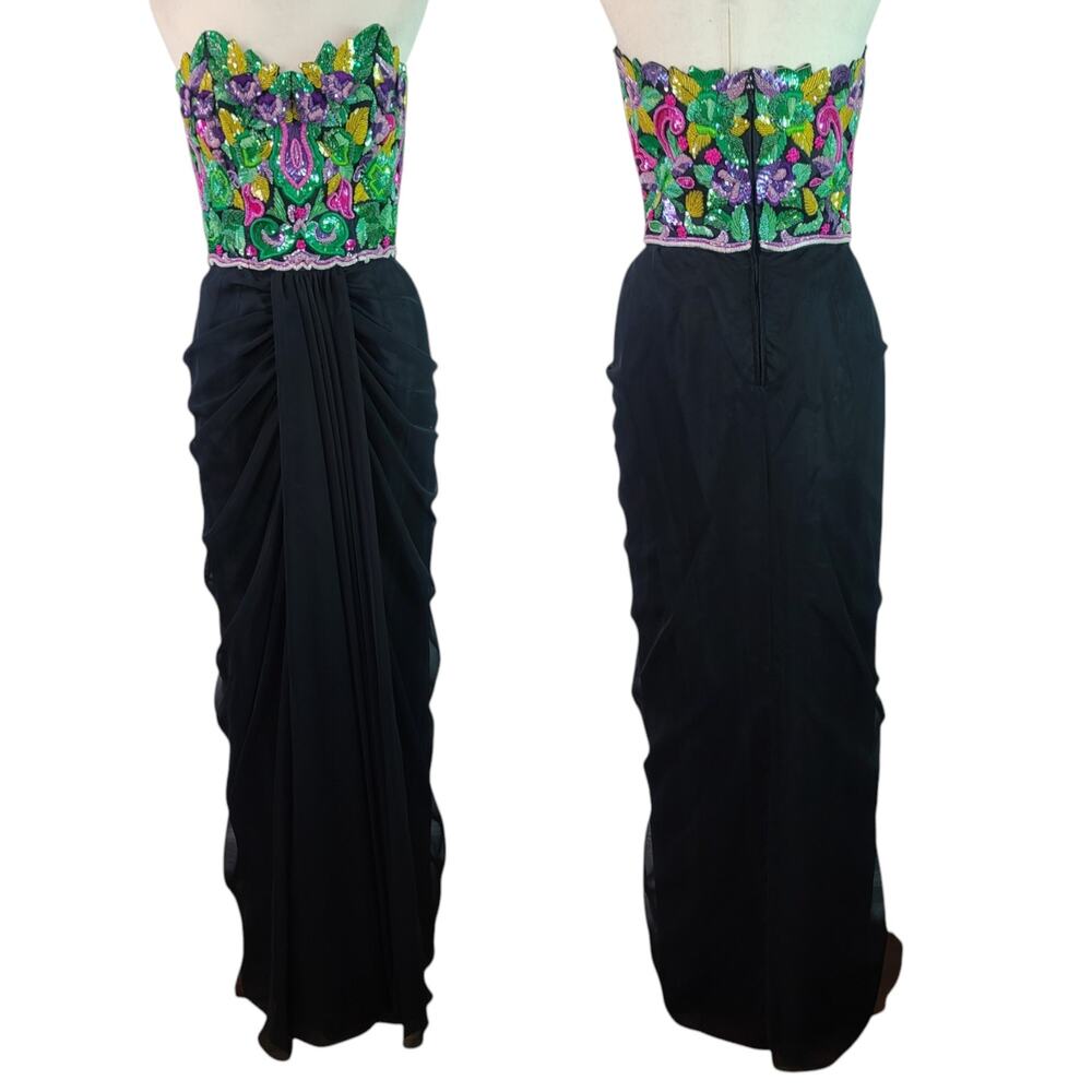 Victor Costa Vintage Black Green Pink Beaded Strapless Evening Dress Gown 10